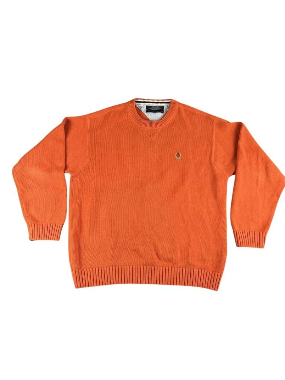 Tommy Hilfiger Mens XL Orange Knit Crewneck SweaterEmbroidered Crest Classic